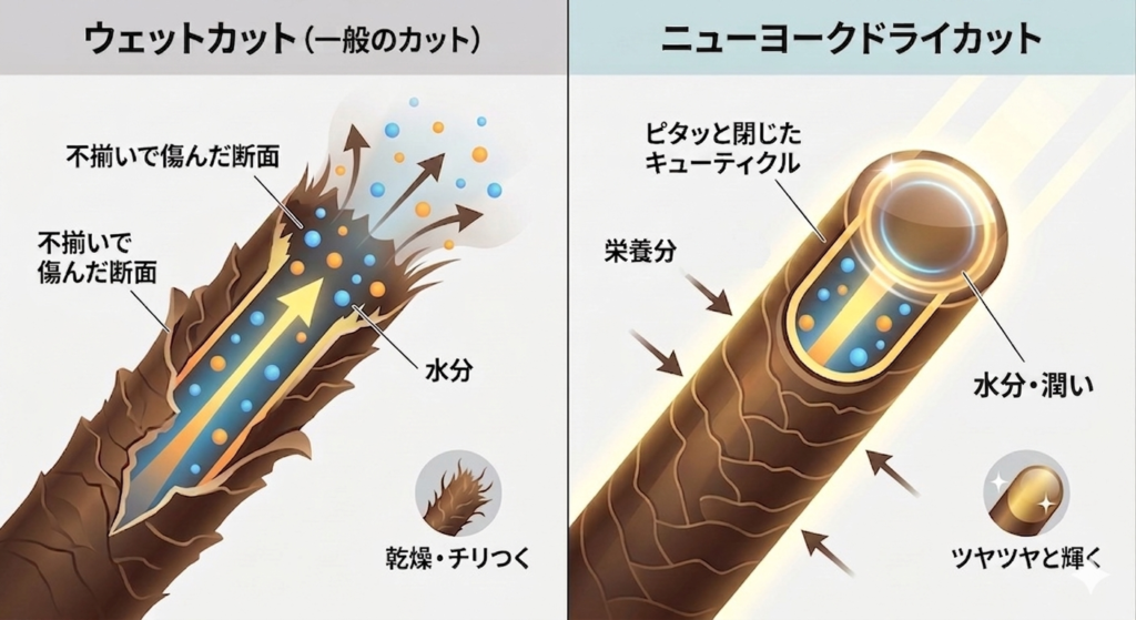 一般のカットとニューヨークドライカットの切り口の違い