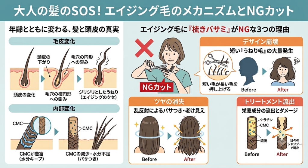 エイジング毛に梳きバサミはNG